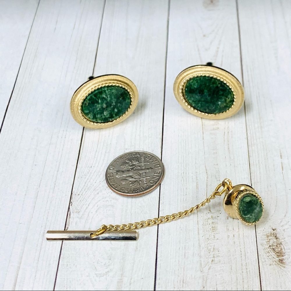 Green Stone Gold Cufflinks Tie Pin Set